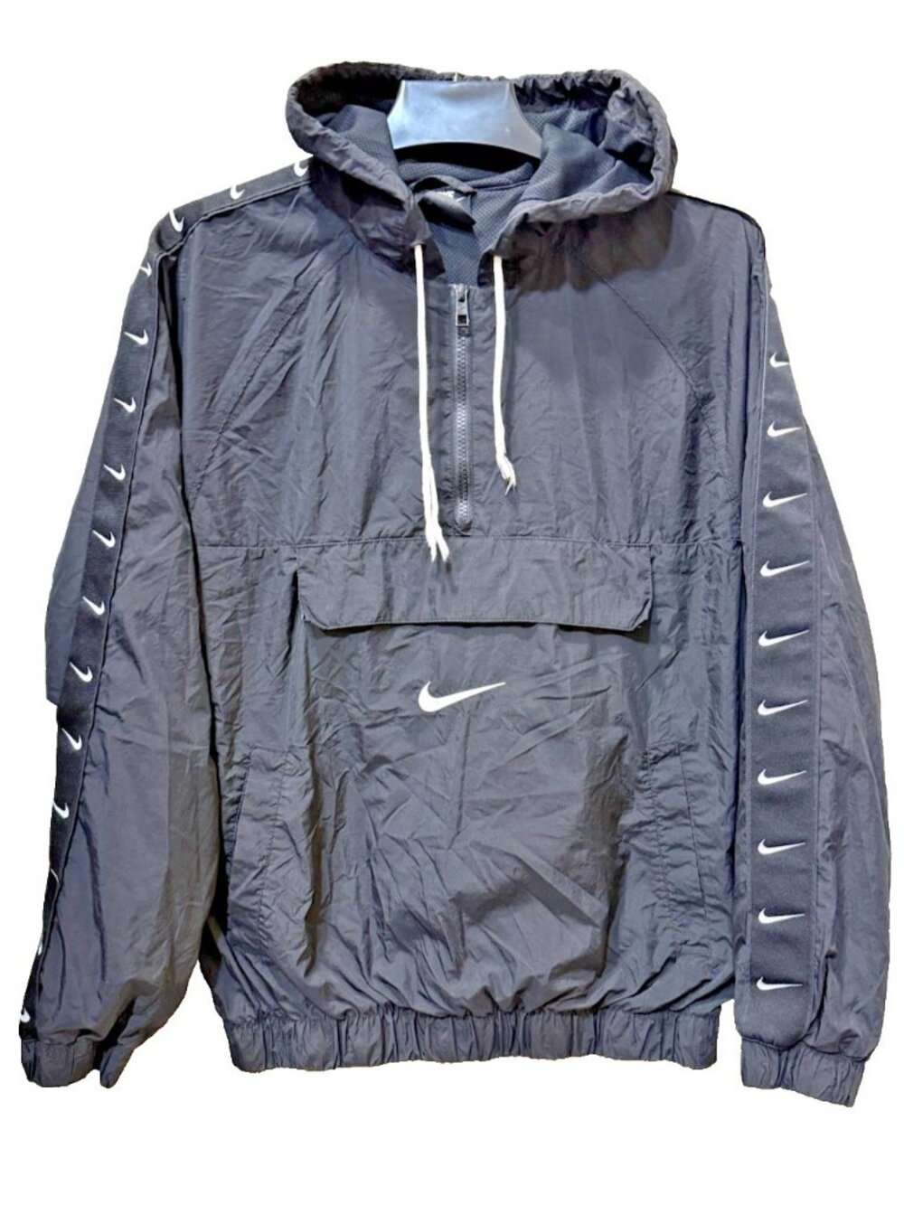Nike Jacket Mens S Black Hooded Big Swoosh 1/4 Zip Windbreaker Anorak CD0419-010